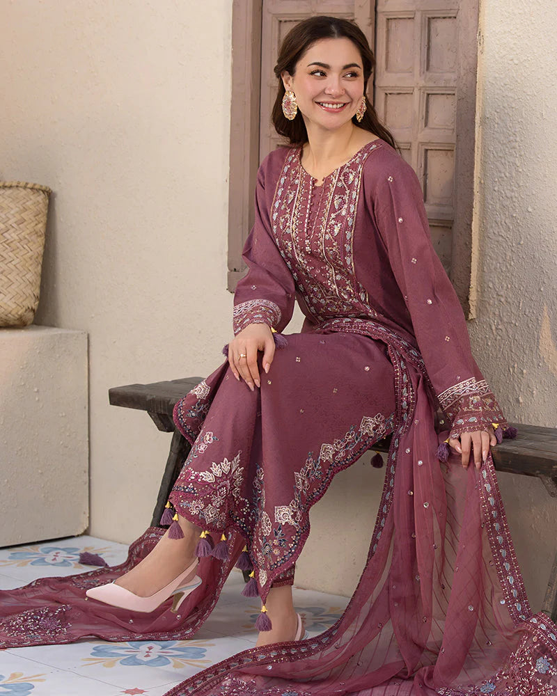 JADE-3PC DHANAK SEQUENCE EMBROIDERED SHIRT WITH CHIFFON EMBROIDERED DUPATTA AND TROUSER-ADR-4087
