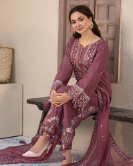 JADE-3PC LAWN SEQUENCE EMBROIDERED SHIRT WITH CHIFFON EMBROIDERED DUPATTA AND TROUSER-ADR-4619