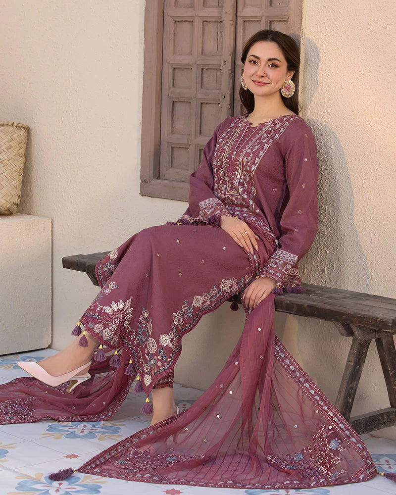 JADE-3PC LAWN SEQUENCE EMBROIDERED SHIRT WITH CHIFFON EMBROIDERED DUPATTA AND TROUSER-ADR-3744