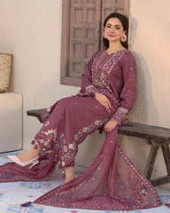JADE-3PC LAWN SEQUENCE EMBROIDERED SHIRT WITH CHIFFON EMBROIDERED DUPATTA AND TROUSER-ADR-4619