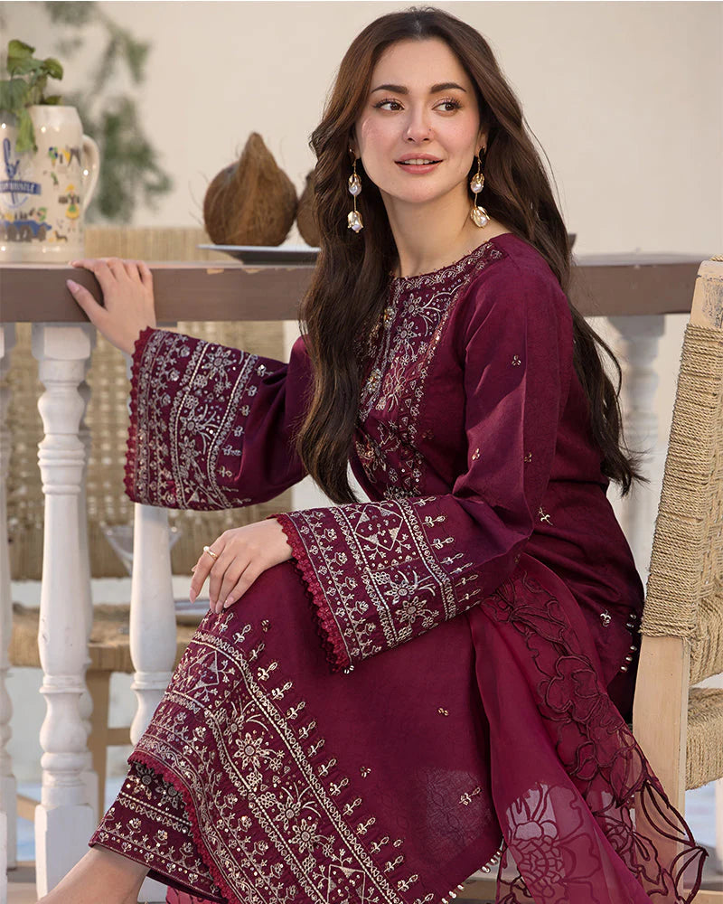 QALAMQAR-3PC LAWN EMBROIDERED SHIRT WITH ORGANZA EMBROIDERED DUAPATTA AND TROUSER-ADR-3727
