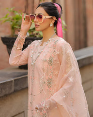 QALAMQAR-3PC LAWN CHIKAN EMBROIDERED SHIRT WITH KHADDI NET EMB DUPATTA AND TROUSER-ADR-4718