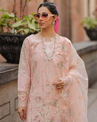 QALAMQAR-3PC LAWN CHIKAN EMBROIDERED SHIRT WITH KHADDI NET EMB DUPATTA AND TROUSER-ADR-4718