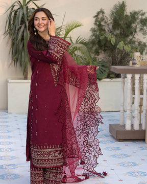 QALAMQAR-3PC LAWN EMBROIDERED SHIRT WITH ORGANZA EMBROIDERED DUAPATTA AND TROUSER-ADR-3727