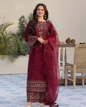 QALAMQAR-3PC LAWN EMBROIDERED SHIRT WITH ORGANZA EMBROIDERED DUAPATTA AND TROUSER-ADR-3727