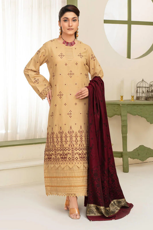 ADR-3PC DHANAK EMBROIDERED SHIRT WITH KASHMIRI JACQUARD WOOL SHAWL-ADR-1515