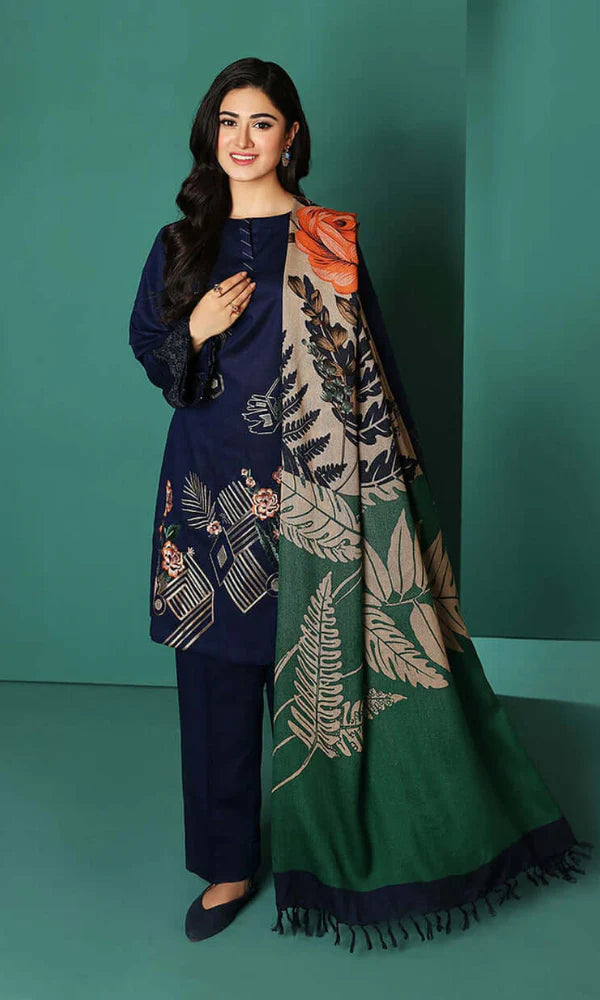 NISHAT- 3PC DHANAK EMBROIDERED SHIRT WITH WOOL PRINT SHAWL AND TROUSER-ADR-3270