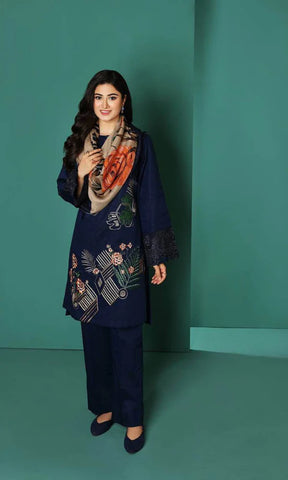 NISHAT- 3PC DHANAK EMBROIDERED SHIRT WITH WOOL PRINT SHAWL AND TROUSER-ADR-3270