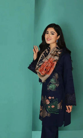 NISHAT- 3PC DHANAK EMBROIDERED SHIRT WITH WOOL PRINT SHAWL AND TROUSER-ADR-3270