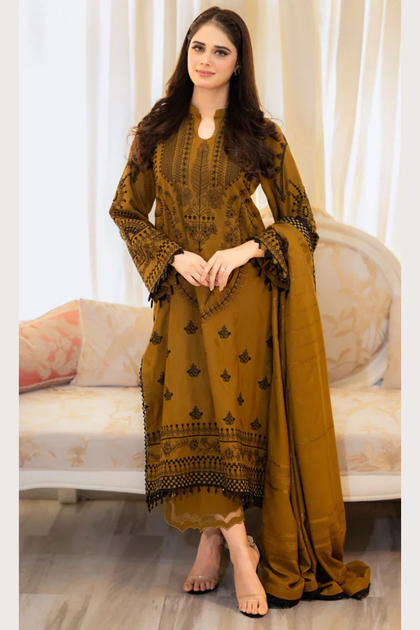 LIBAAS-3PC DHANAK EMBROIDERED SHIRT WITH VELVET DHANAK EMBROIDERED SHAWL & TROUSER-ADR-3386