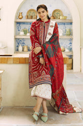 ZAHRA SHAHJAHAN- 3PC DHANAK EMBROIDERED SHIRT WITH COUTURE PRINT SHAWL AND EMBROIDERED TROUSER-ADR-3180