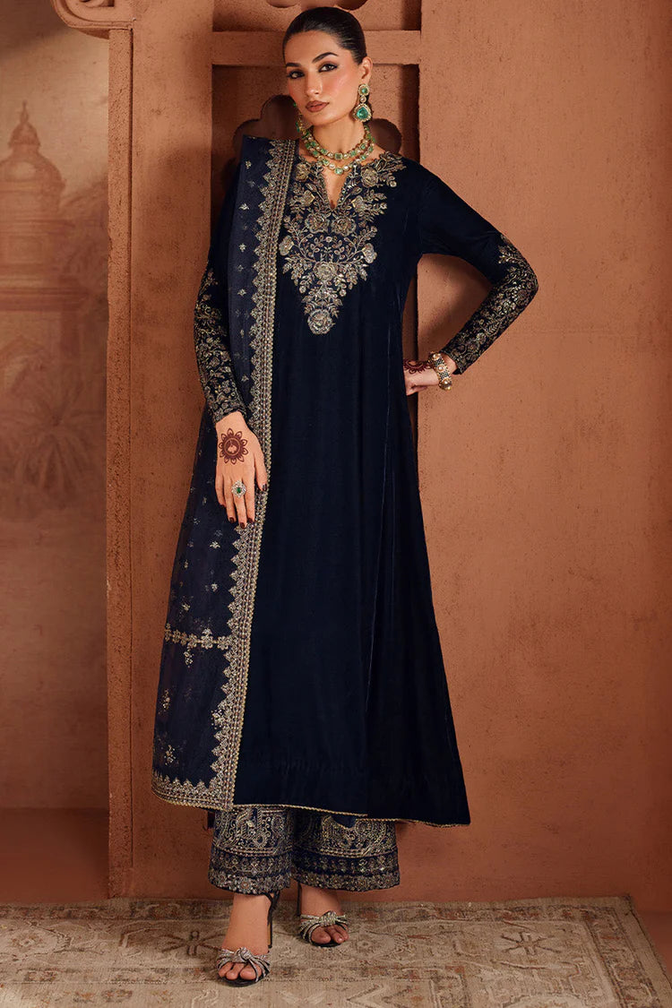 IZNIK-3PC VELVET EMBROIDERED NECKLINE WITH ORGANZA EMBROIDERED DUPATTA & VELVET EMB TROUSER-ADR-4362