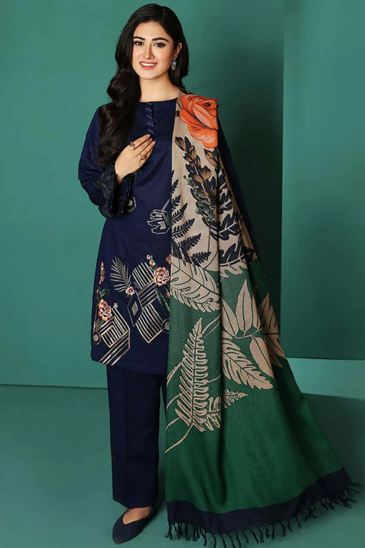 NISHAT- 3PC DHANAK EMBROIDERED SHIRT WITH WOOL PRINT SHAWL AND TROUSER-ADR-3270