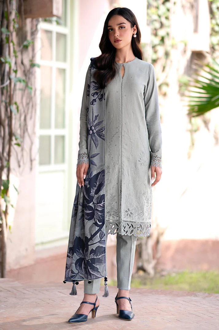 JAZMIN-3PC DHANAK EMBROIDRED SHIRT WITH WOOL PRINT SHAWL AND TROUSER-ADR-3320-A