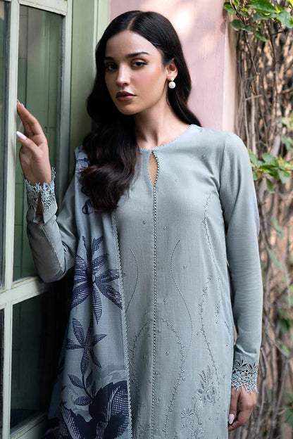 JAZMIN-3PC DHANAK EMBROIDRED SHIRT WITH WOOL PRINT SHAWL AND TROUSER-ADR-3320-A