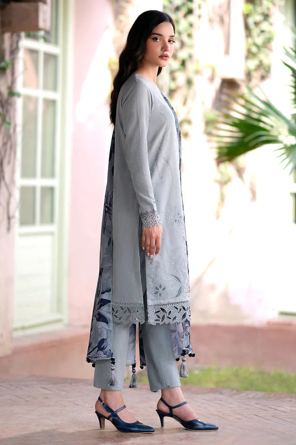 JAZMIN-3PC DHANAK EMBROIDRED SHIRT WITH WOOL PRINT SHAWL AND TROUSER-ADR-3320-A