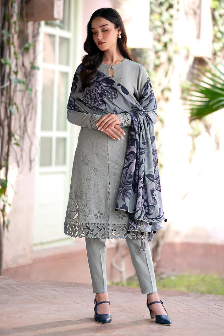 JAZMIN-3PC DHANAK EMBROIDRED SHIRT WITH WOOL PRINT SHAWL AND TROUSER-ADR-3320-A