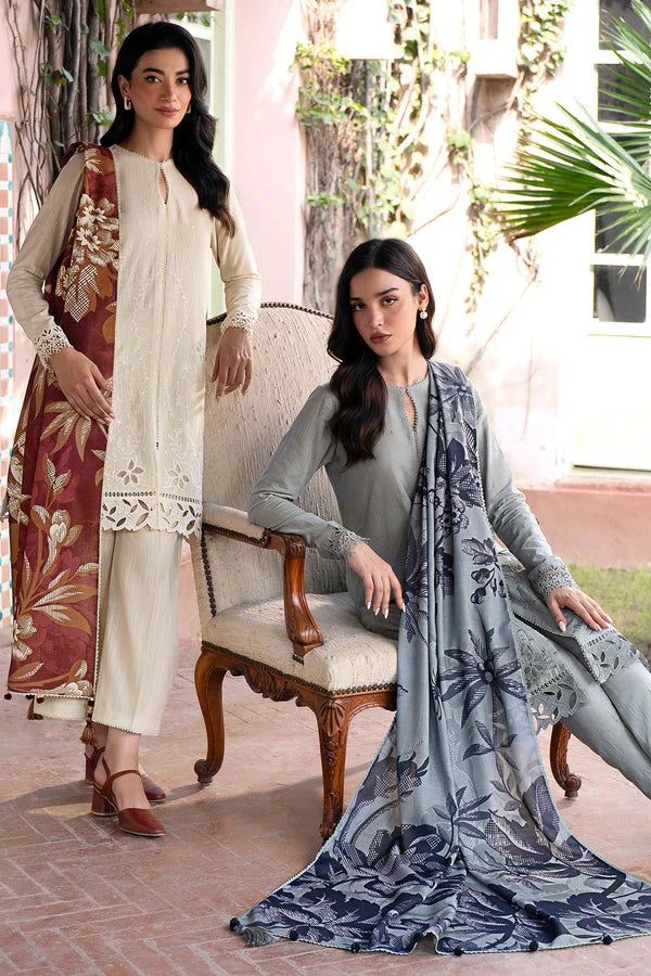 JAZMIN-3PC DHANAK EMBROIDRED SHIRT WITH WOOL PRINT SHAWL AND TROUSER-ADR-3320-A