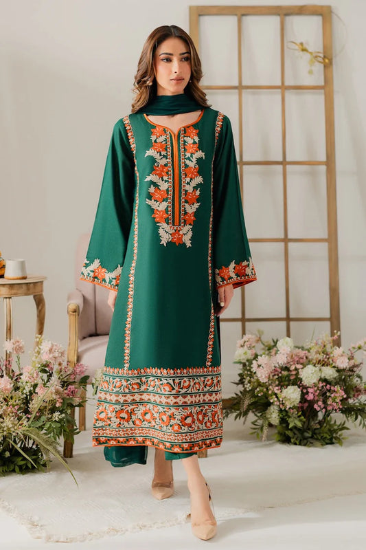 VINTAGE-3PC DHANAK EMBROIDERED SHIRT WITH BAMBER CHIFFON DUPATTA & TROUSER-ADR-4248