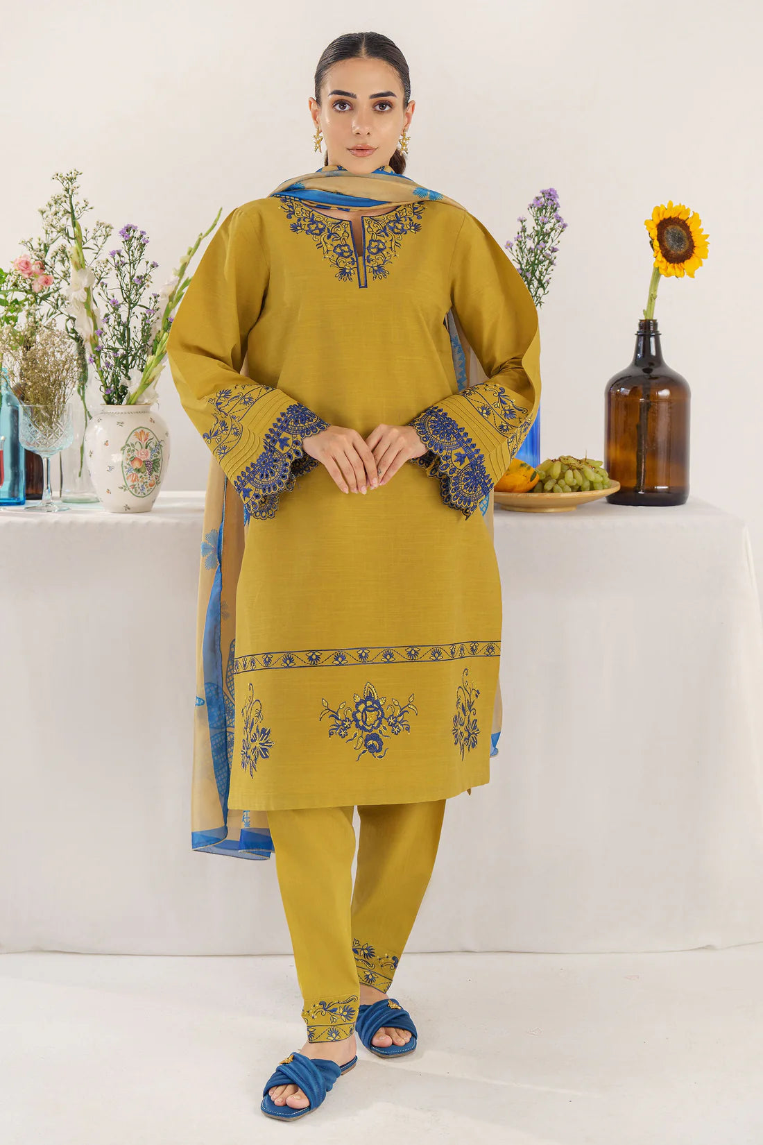 HANA- 3PC KHADAR EMBROIDERED SHIRT WITH COUTURE PRINT SHAWL AND TROUSER-ADR- 3194