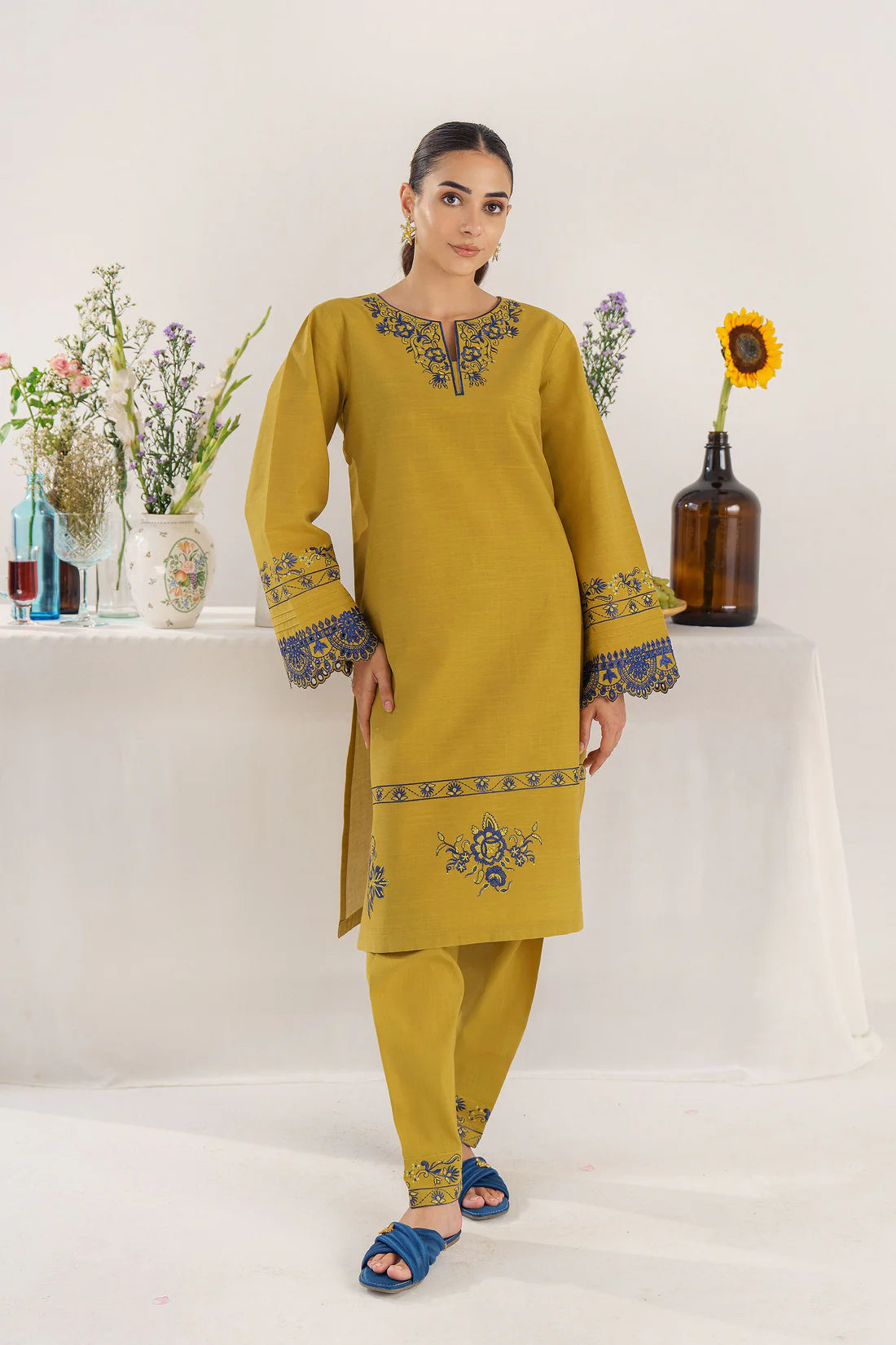 HANA- 3PC KHADAR EMBROIDERED SHIRT WITH COUTURE PRINT SHAWL AND TROUSER-ADR- 3194