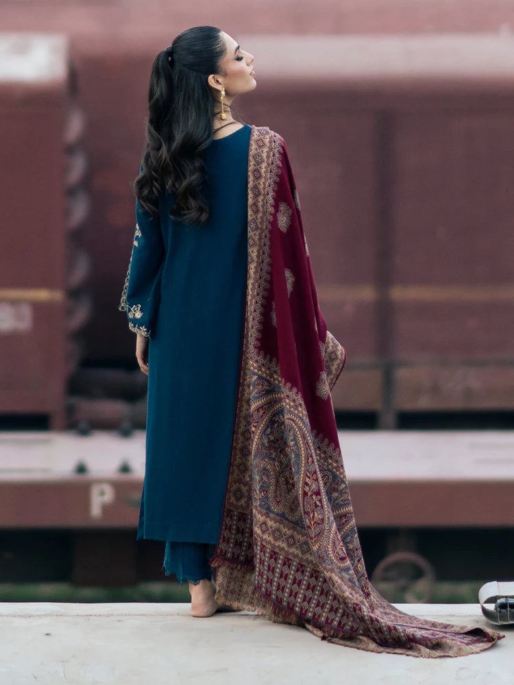 IZEL-3PC DHANAK EMBROIDERED SHIRT WITH COURTRAI PRINTED SHAWL & TROUSER-ADR-4226