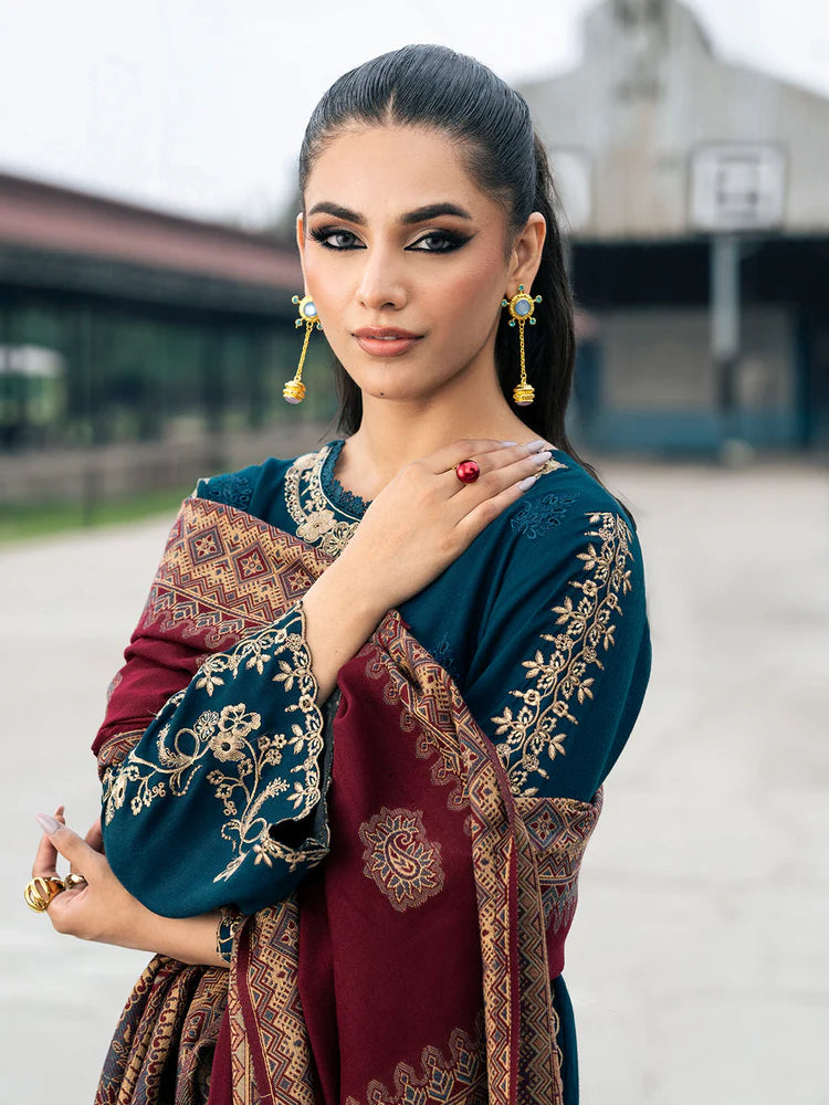 IZEL-3PC DHANAK EMBROIDERED SHIRT WITH COURTRAI PRINTED SHAWL & TROUSER-ADR-4226