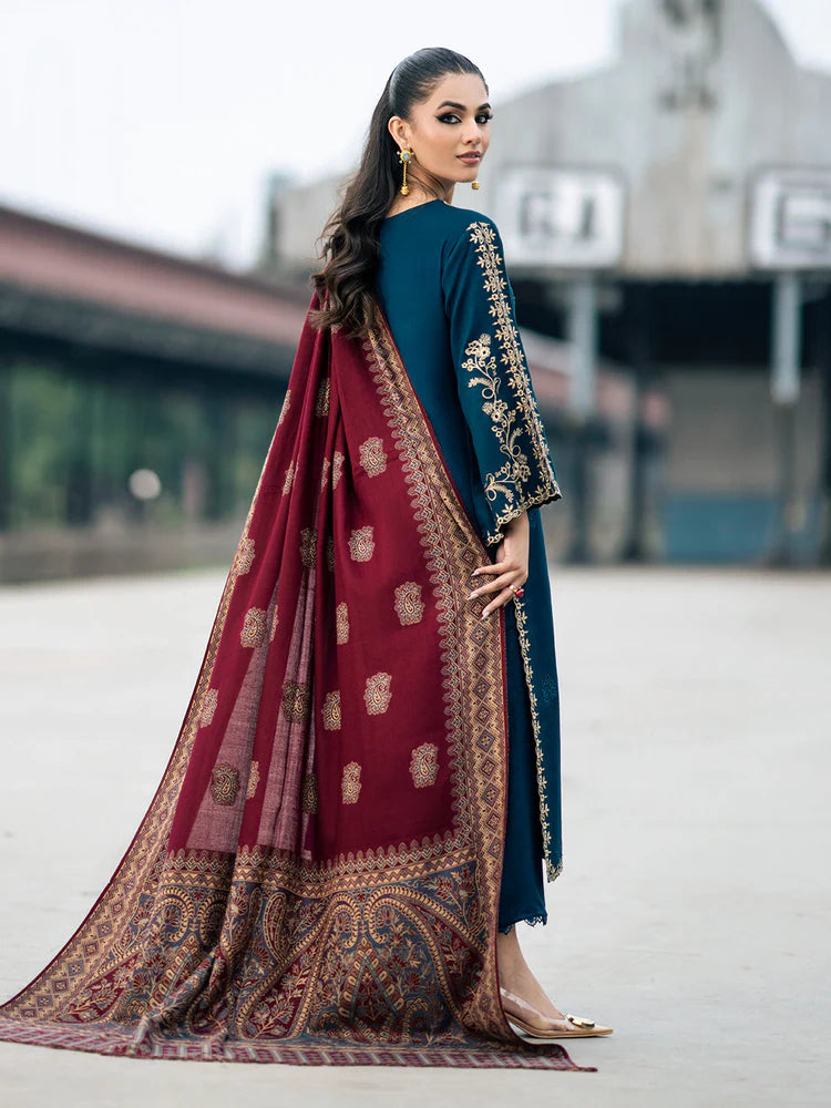 IZEL-3PC DHANAK EMBROIDERED SHIRT WITH COURTRAI PRINTED SHAWL & TROUSER-ADR-4226