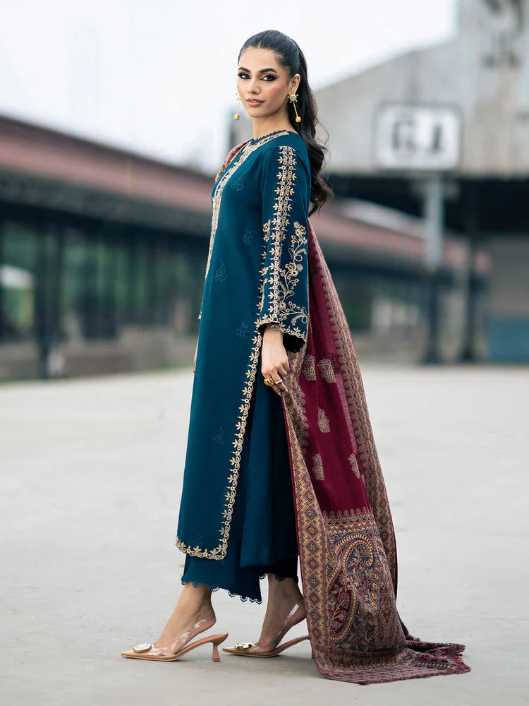IZEL-3PC DHANAK EMBROIDERED SHIRT WITH COURTRAI PRINTED SHAWL & TROUSER-ADR-4226