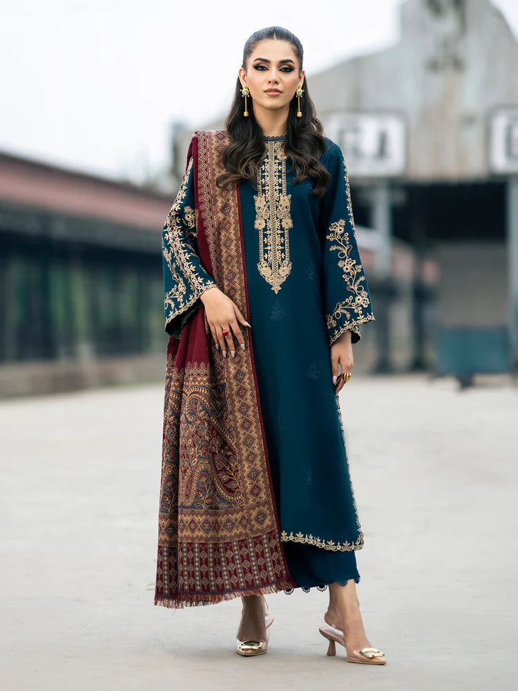 IZEL-3PC DHANAK EMBROIDERED SHIRT WITH COURTRAI PRINTED SHAWL & TROUSER-ADR-4226