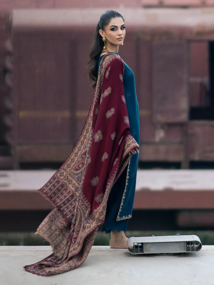 IZEL-3PC DHANAK EMBROIDERED SHIRT WITH COURTRAI PRINTED SHAWL & TROUSER-ADR-4226