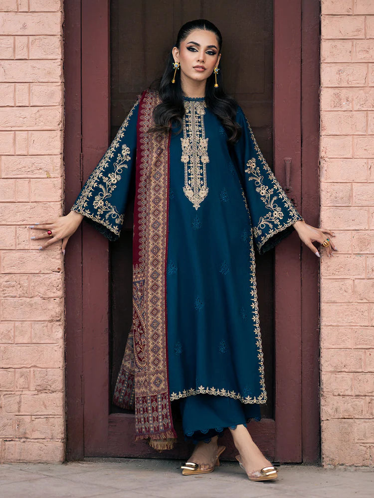 IZEL-3PC DHANAK EMBROIDERED SHIRT WITH COURTRAI PRINTED SHAWL & TROUSER-ADR-4226