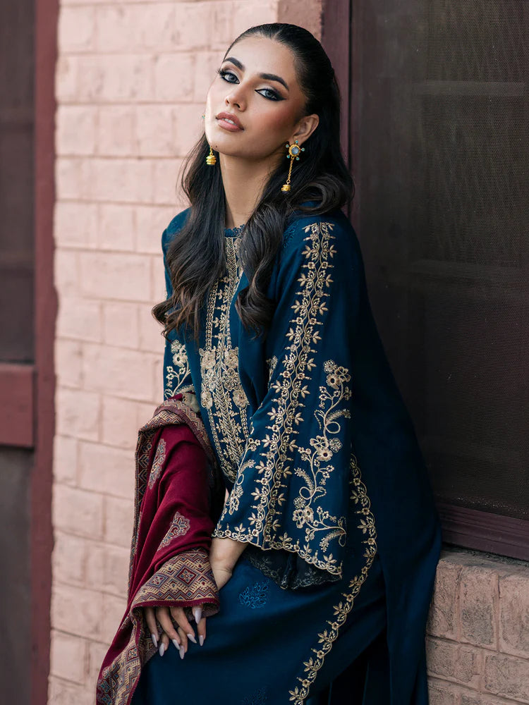 IZEL-3PC DHANAK EMBROIDERED SHIRT WITH COURTRAI PRINTED SHAWL & TROUSER-ADR-4226