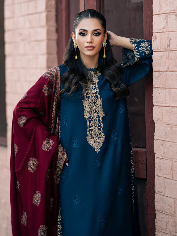IZEL-3PC DHANAK EMBROIDERED SHIRT WITH COURTRAI PRINTED SHAWL & TROUSER-ADR-4226