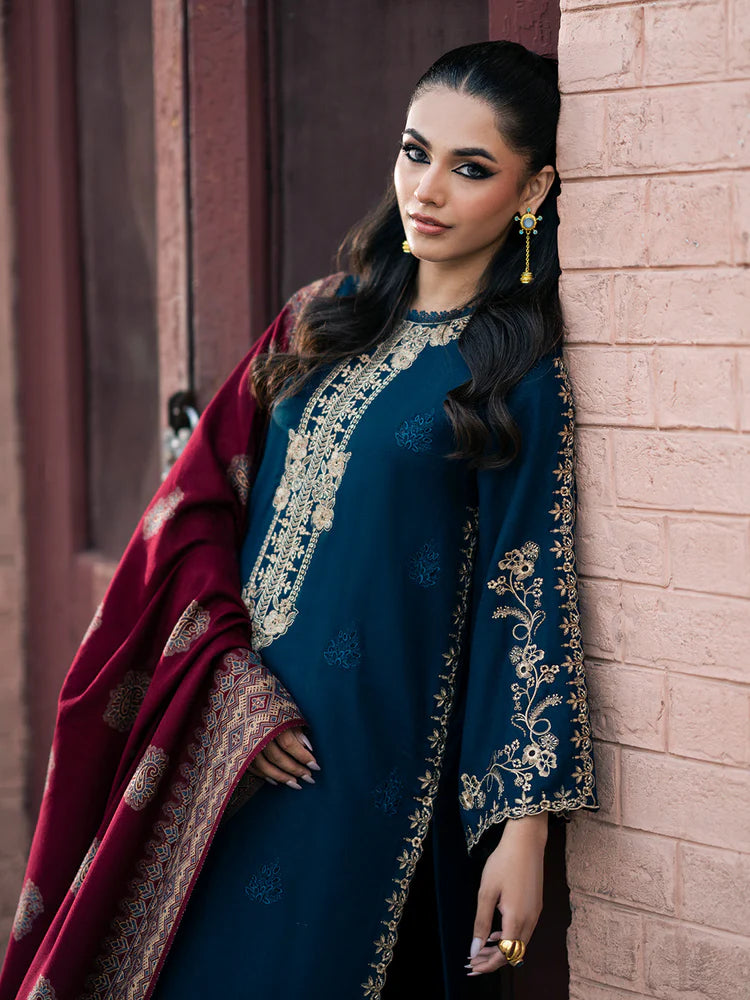 IZEL-3PC DHANAK EMBROIDERED SHIRT WITH COURTRAI PRINTED SHAWL & TROUSER-ADR-4226