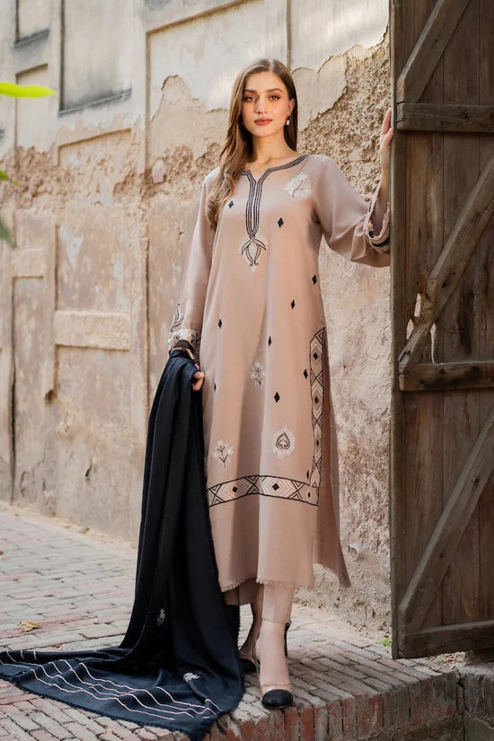 VINTAGE-3PC DHANAK EMBROIDERED SHIRT WITH DHANAK EMBROIDERED SHAWL AND TROUSER-ADR-4421