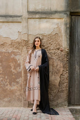 VINTAGE-3PC DHANAK EMBROIDERED SHIRT WITH DHANAK EMBROIDERED SHAWL AND TROUSER-ADR-4421