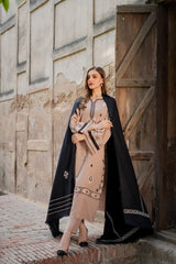 VINTAGE-3PC DHANAK EMBROIDERED SHIRT WITH DHANAK EMBROIDERED SHAWL AND TROUSER-ADR-4421