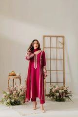 VINTAGE-3PC DHANAK EMBROIDERED SHIRT WITH DHANAK SHAWL AND TROUSER-ADR-4290