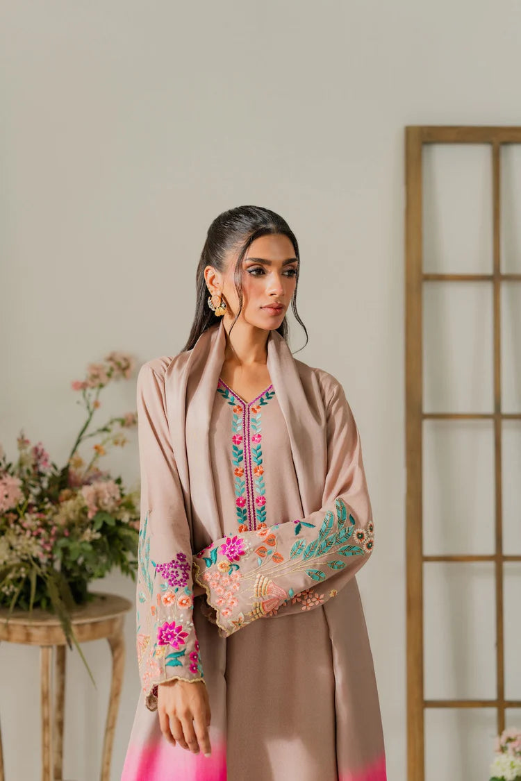 VINTAGE-3PC DHANAK EMBROIDERED SHIRT WITH TYE & DYE CHIFFON DUPATTA & TROUSER-ADR-4265
