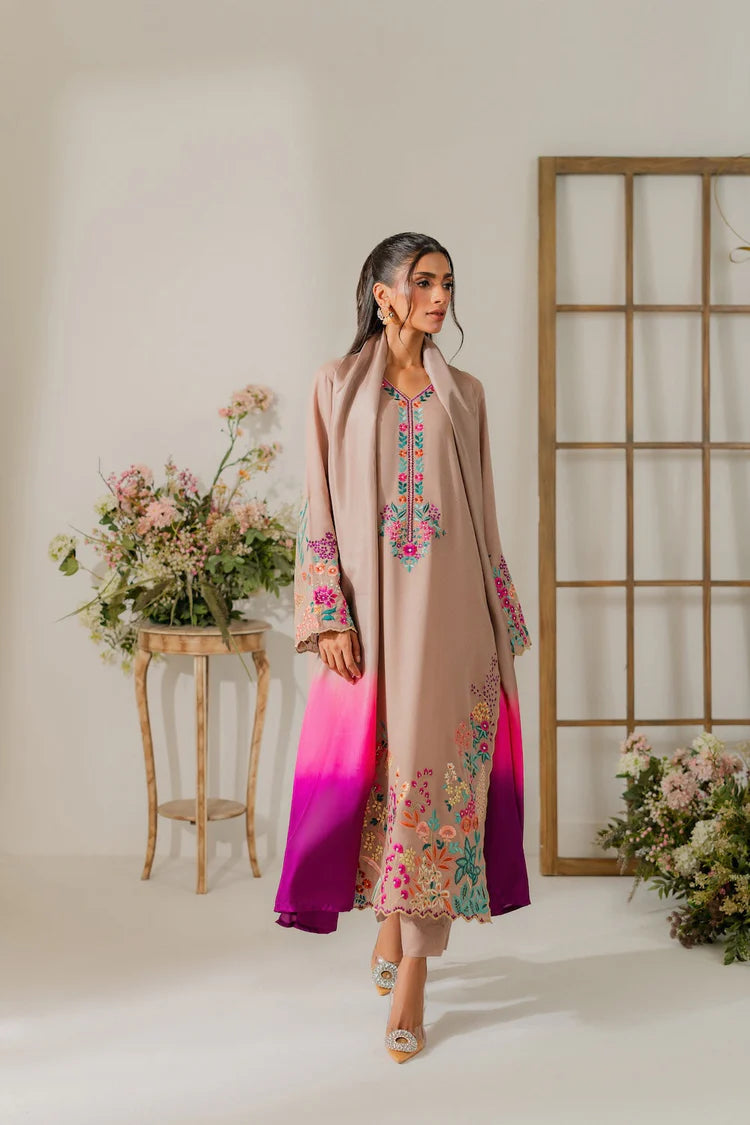 VINTAGE-3PC DHANAK EMBROIDERED SHIRT WITH TYE & DYE CHIFFON DUPATTA & TROUSER-ADR-4265