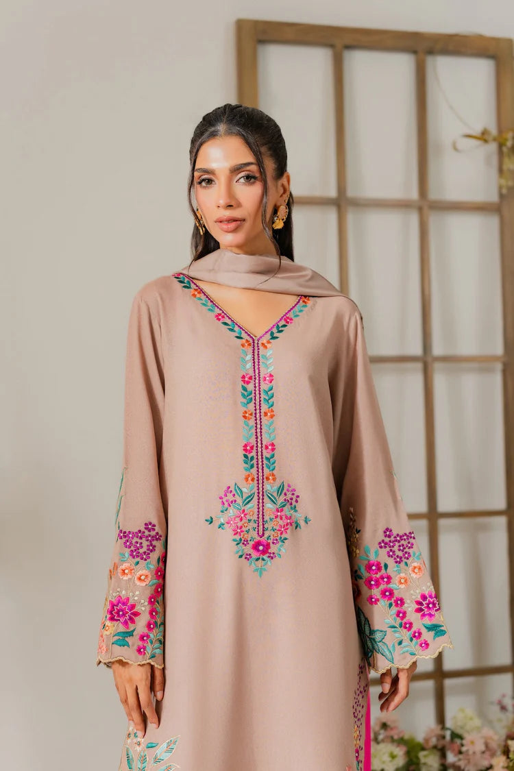 VINTAGE-3PC DHANAK EMBROIDERED SHIRT WITH TYE & DYE CHIFFON DUPATTA & TROUSER-ADR-4265