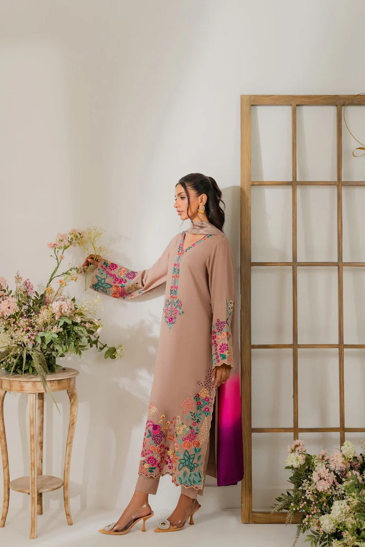 VINTAGE-3PC DHANAK EMBROIDERED SHIRT WITH TYE & DYE CHIFFON DUPATTA & TROUSER-ADR-4265