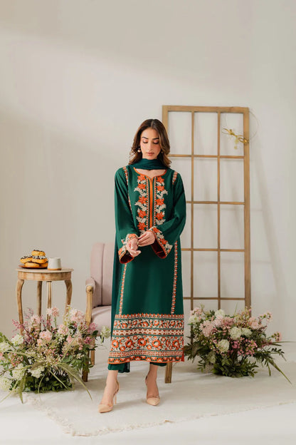 VINTAGE-3PC DHANAK EMBROIDERED SHIRT WITH BAMBER CHIFFON DUPATTA & TROUSER-ADR-4248