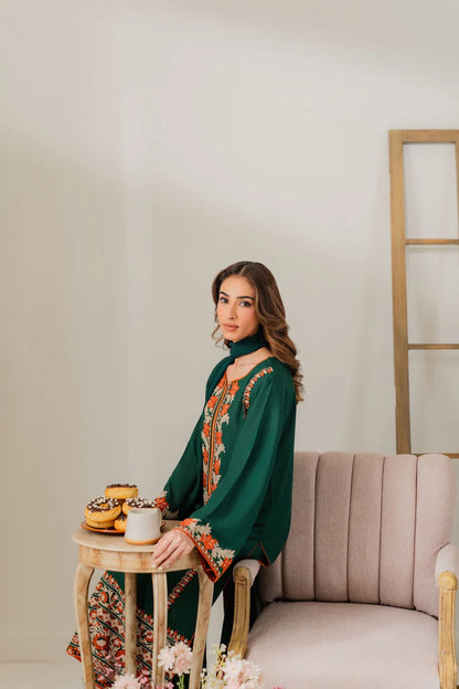 VINTAGE-3PC DHANAK EMBROIDERED SHIRT WITH BAMBER CHIFFON DUPATTA & TROUSER-ADR-4248