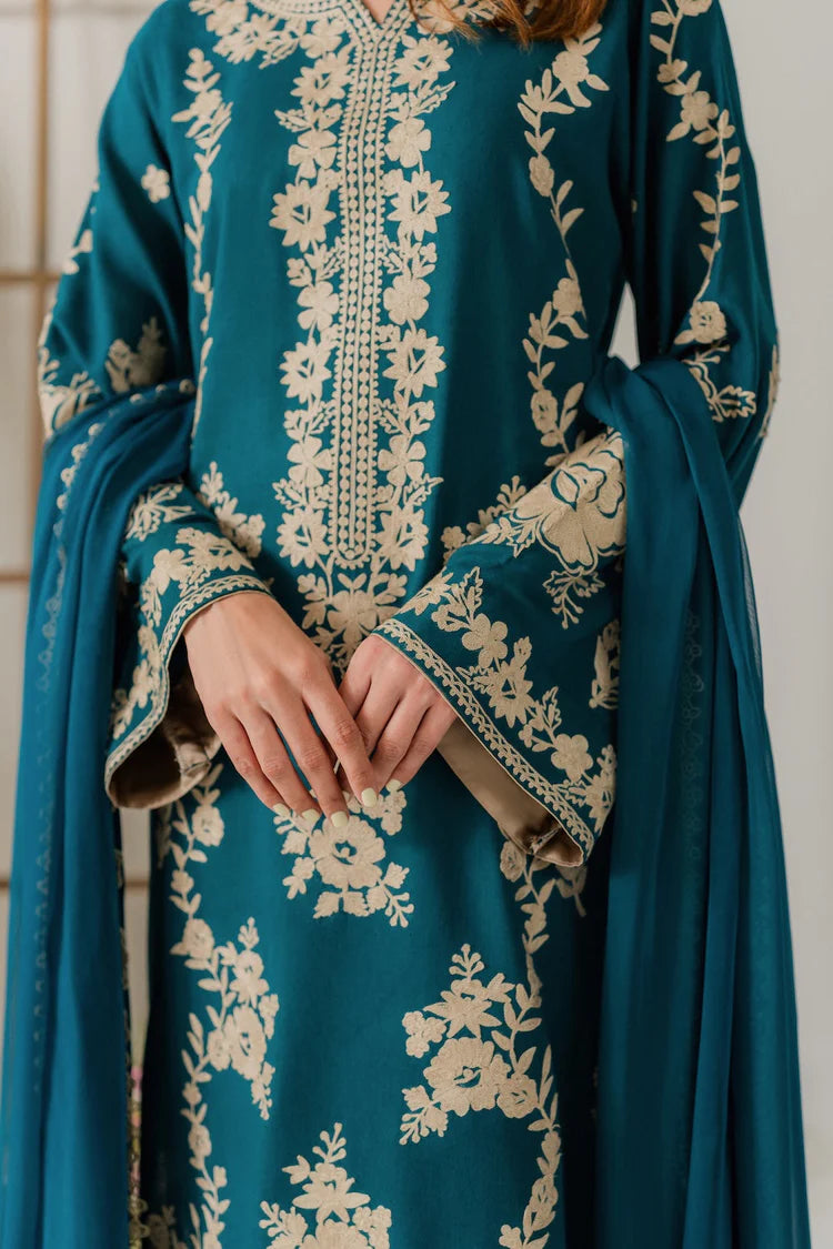 VINTAGE-3PC DHANAK EMBROIDERED SHIRT WITH BAMBER CHIFFON DUPATTA AND TROUSER-ADR-4245