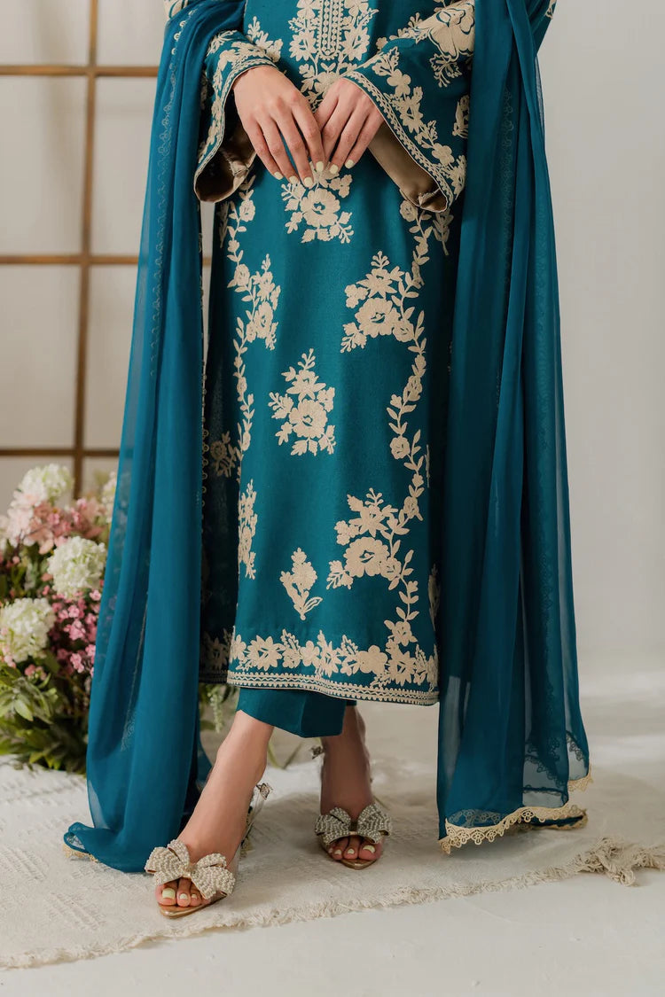 VINTAGE-3PC DHANAK EMBROIDERED SHIRT WITH BAMBER CHIFFON DUPATTA AND TROUSER-ADR-4245