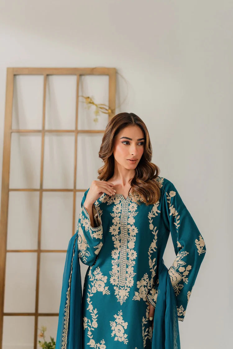 VINTAGE-3PC DHANAK EMBROIDERED SHIRT WITH BAMBER CHIFFON DUPATTA AND TROUSER-ADR-4245