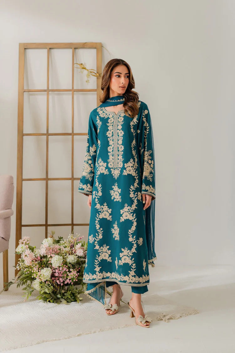 VINTAGE-3PC DHANAK EMBROIDERED SHIRT WITH BAMBER CHIFFON DUPATTA AND TROUSER-ADR-4245