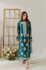 VINTAGE-3PC DHANAK EMBROIDERED SHIRT WITH BAMBER CHIFFON DUPATTA AND TROUSER-ADR-4245